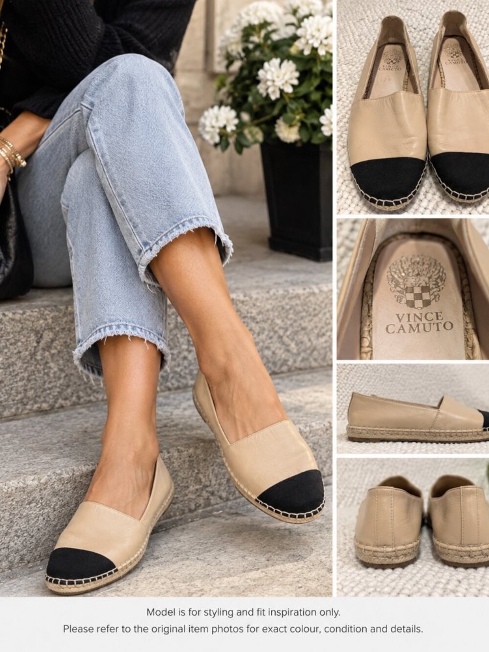 724 - Vince Camuto Size 10 Leather Cap Toe Espadrille Flats Beige Black